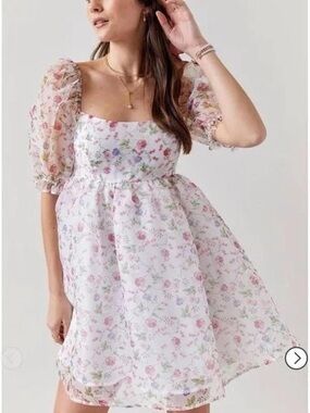 Audrey Parks Rayleen Floral Puff Sleeve Mini Dress | Cottagecore Smocked Back S